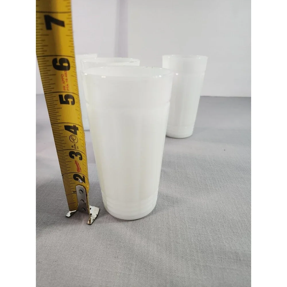 Set of 8 White Milk Glass Tumblers Ribbed Drinking Glasses Vintage Style
